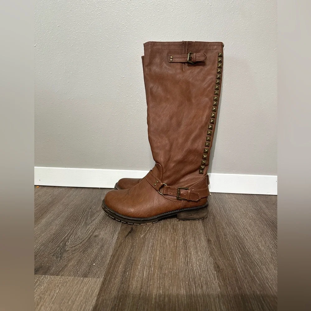 Breckelle Trooper Brown Studded Buckle Riding Knee High Boot - Picture 5 of 13